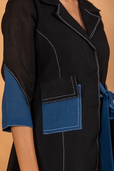 Savaaya Black Linen Collared Colorblock Stitchline Thread Embroidered Dress at Aza Fashions Savaaya_Black Linen Collared Colorblock Stitchline Thread Embroidered Dress _at_Aza_Fashions