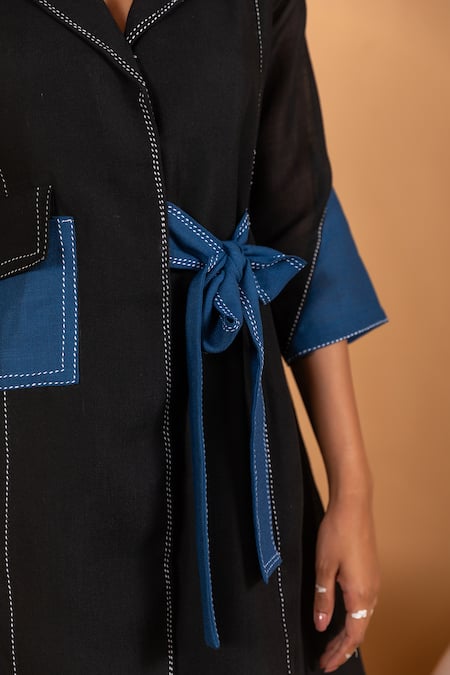 Buy Savaaya Black Linen Collared Colorblock Stitchline Thread Embroidered Dress Buy_Savaaya_Black Linen Collared Colorblock Stitchline Thread Embroidered Dress