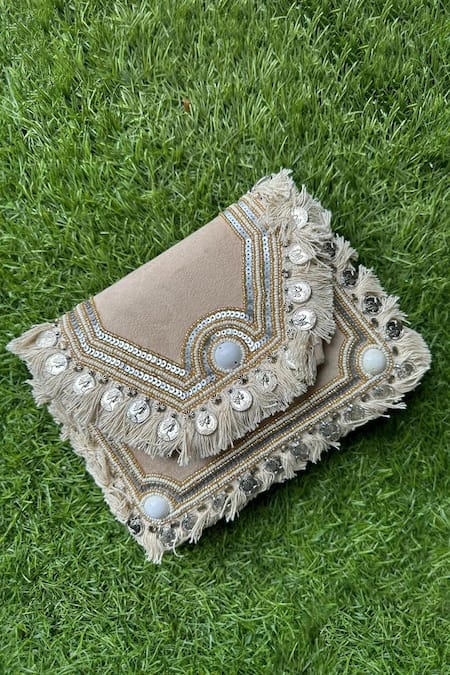 Stitched soles Cream Sequin And Bead Boho Love Embellished Clutch 