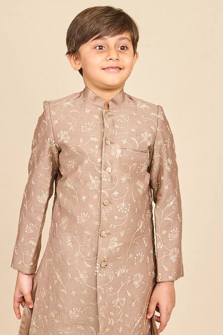 All Boy Couture_Beige Silk Zari Embroidered Achkan Set_Online_at_Aza_Fashions
