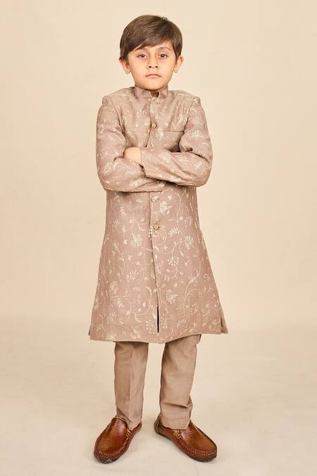 Buy_All Boy Couture_Beige Silk Zari Embroidered Achkan Set_Online_at_Aza_Fashions