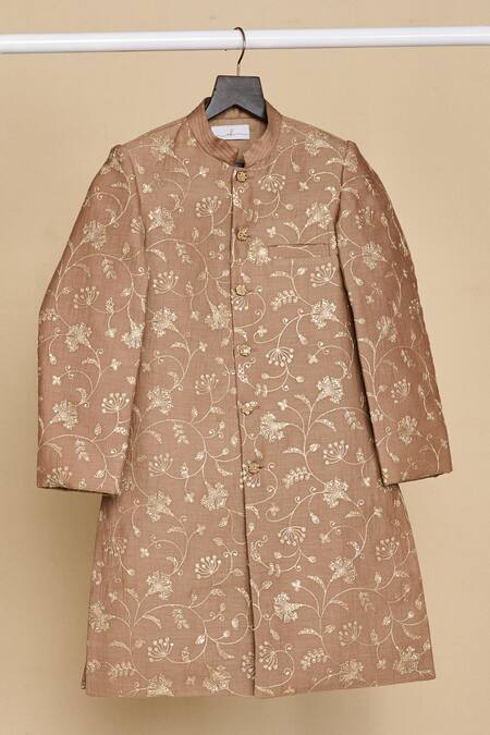 Shop_All Boy Couture_Beige Silk Zari Embroidered Achkan Set_Online_at_Aza_Fashions