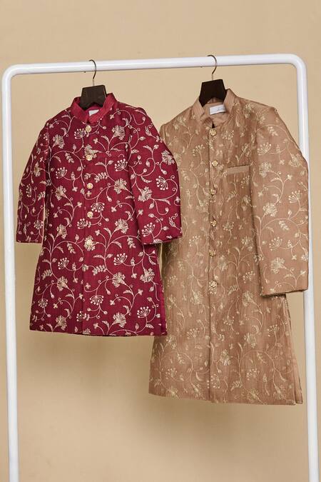 All Boy Couture_Beige Silk Zari Embroidered Achkan Set_at_Aza_Fashions