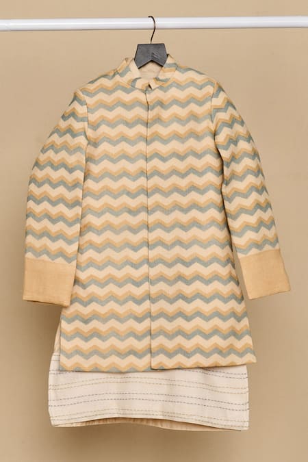 All Boy Couture_Beige Silk Chevron Pattern Achkan Pyjama Set _Online_at_Aza_Fashions