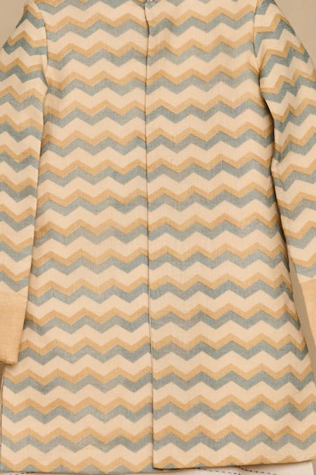 Buy_All Boy Couture_Beige Silk Chevron Pattern Achkan Pyjama Set _Online_at_Aza_Fashions