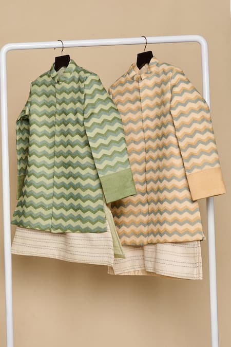 Shop_All Boy Couture_Beige Silk Chevron Pattern Achkan Pyjama Set _Online_at_Aza_Fashions