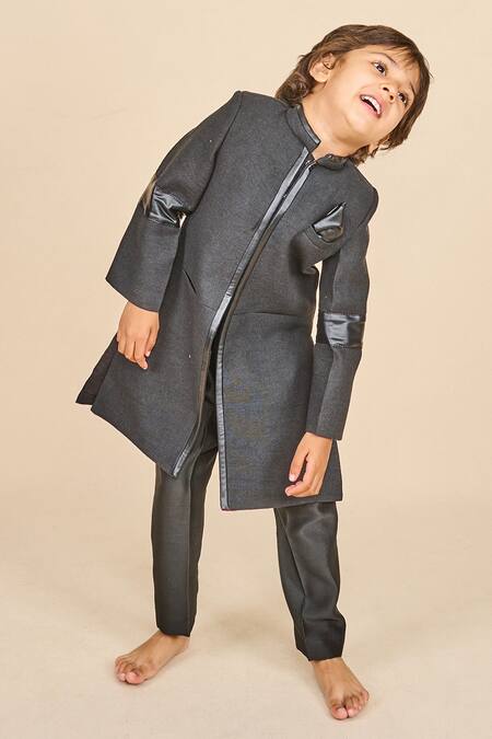 All Boy Couture_Black Silk Achkan Pyjama Set _Online_at_Aza_Fashions