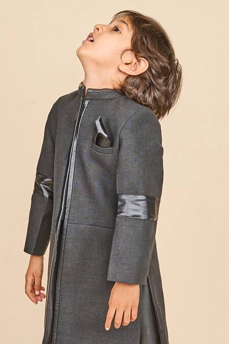 Shop_All Boy Couture_Black Silk Achkan Pyjama Set _Online_at_Aza_Fashions