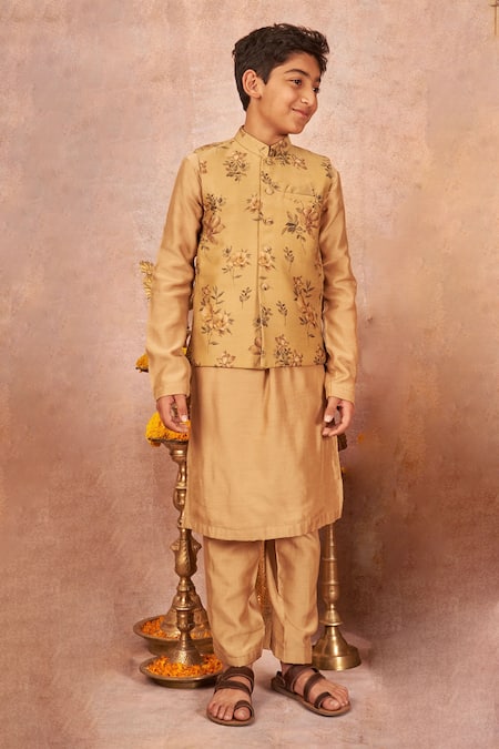 All Boy Couture Floral Print Bundi Jacket & Kurta Set 