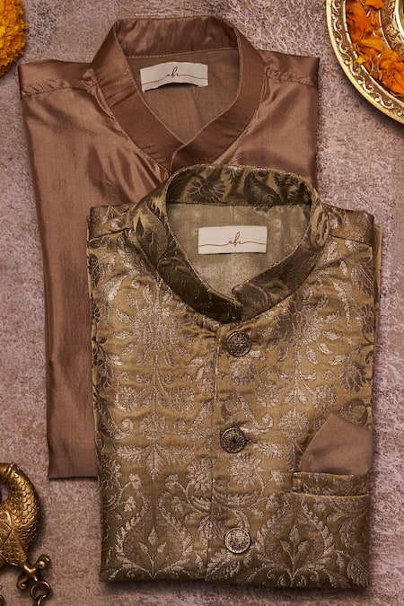 All Boy Couture_Brown Silk Embroidery Ajrakh Floral Bundi Jacket And Kurta Set _Online_at_Aza_Fashions