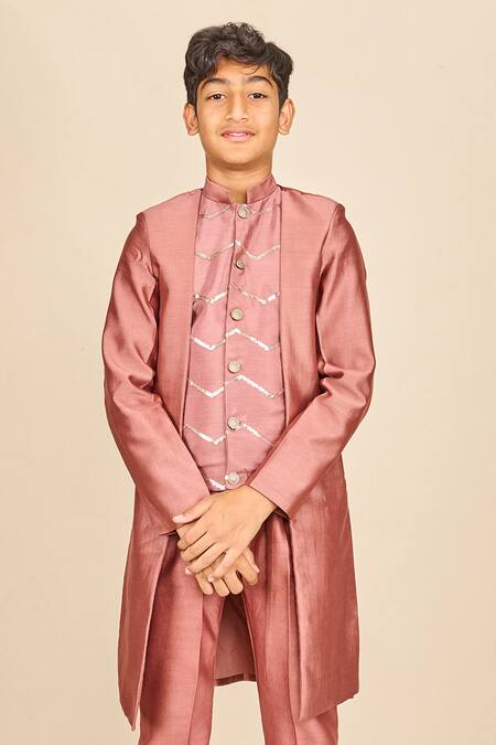 All Boy Couture_Pink Silk Sequins Rosewood Embroidered Achkan Set _Online_at_Aza_Fashions