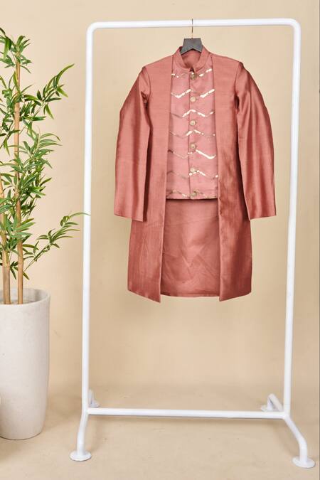 All Boy Couture_Pink Silk Sequins Rosewood Embroidered Achkan Set _at_Aza_Fashions