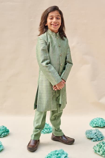 All Boy Couture_Green Silk Zari Woven Achkan And Kurta Set _Online_at_Aza_Fashions