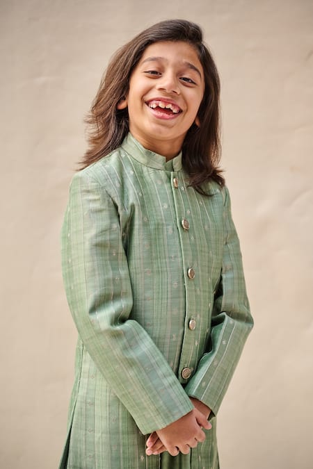 Buy_All Boy Couture_Green Silk Zari Woven Achkan And Kurta Set _Online_at_Aza_Fashions