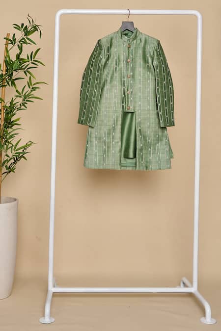 Shop_All Boy Couture_Green Silk Zari Woven Achkan And Kurta Set _Online_at_Aza_Fashions