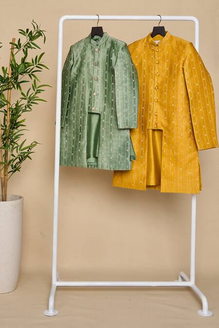 All Boy Couture_Green Silk Zari Woven Achkan And Kurta Set _at_Aza_Fashions