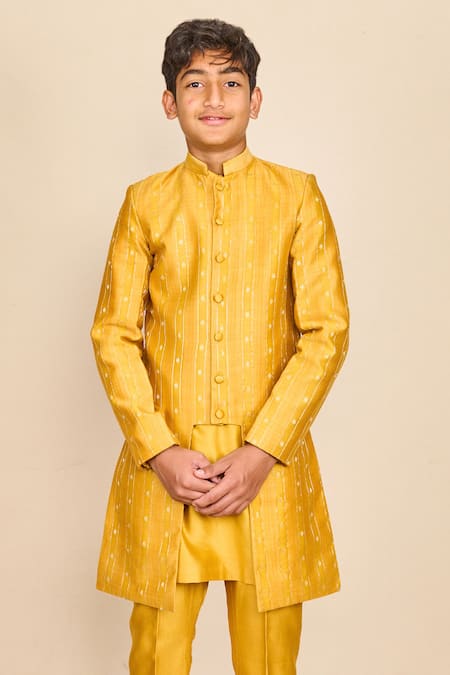 All Boy Couture_Yellow Silk Zari Stripe Woven Achkan And Kurta Set _Online_at_Aza_Fashions
