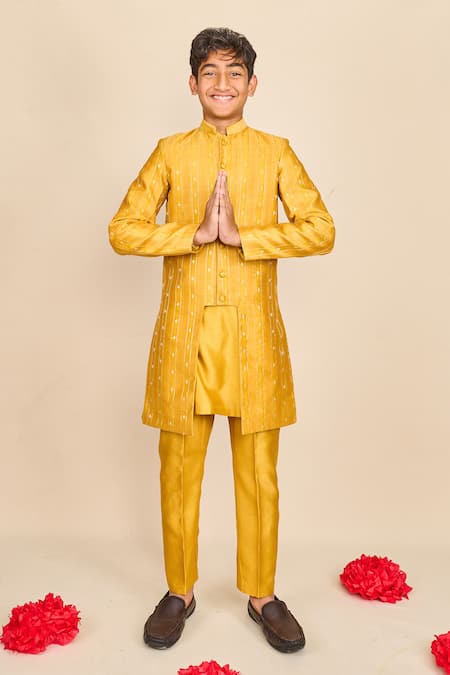 Buy_All Boy Couture_Yellow Silk Zari Stripe Woven Achkan And Kurta Set _Online_at_Aza_Fashions