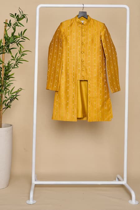 Shop_All Boy Couture_Yellow Silk Zari Stripe Woven Achkan And Kurta Set _Online_at_Aza_Fashions
