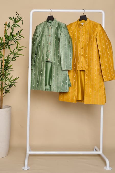All Boy Couture_Yellow Silk Zari Stripe Woven Achkan And Kurta Set _at_Aza_Fashions