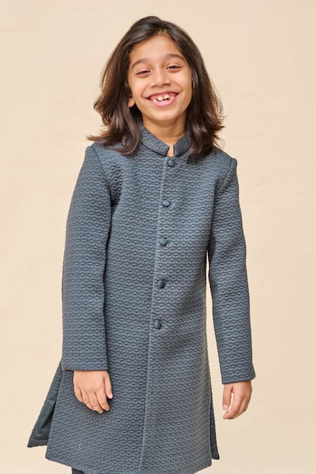 All Boy Couture Blue Silk Quilted Achkan Set Online at Aza Fashions All Boy Couture_Blue Silk Quilted Achkan Set _Online_at_Aza_Fashions