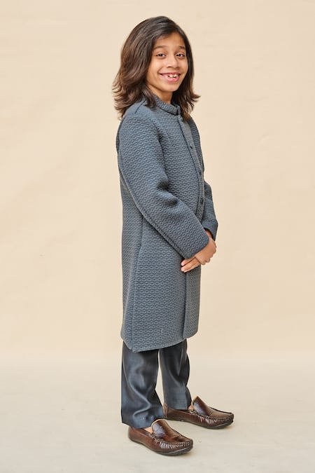Buy_All Boy Couture_Blue Silk Quilted Achkan Set _Online_at_Aza_Fashions