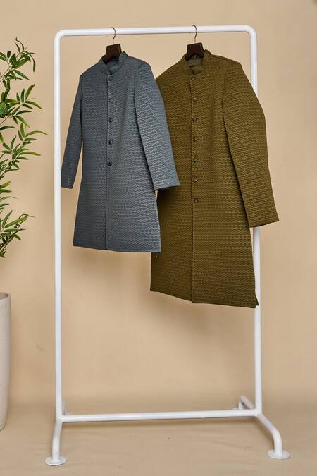 All Boy Couture_Blue Silk Quilted Achkan Set _at_Aza_Fashions