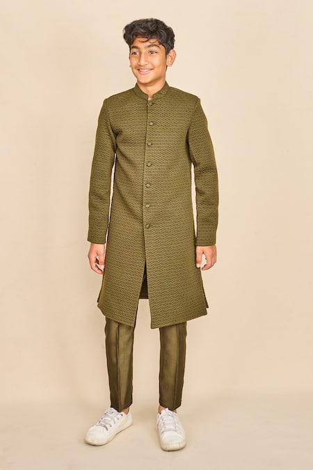 All Boy Couture Green Silk Quilted Pattern Achkan Set