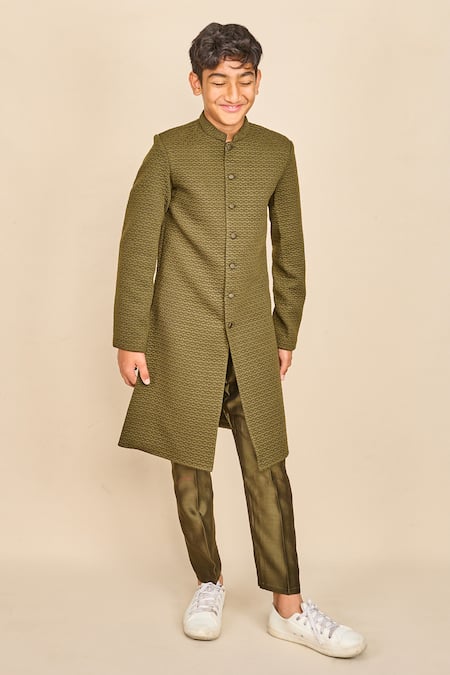Buy All Boy Couture Green Silk Quilted Pattern Achkan Set Online at Aza Fashions Buy_All Boy Couture_Green Silk Quilted Pattern Achkan Set _Online_at_Aza_Fashions