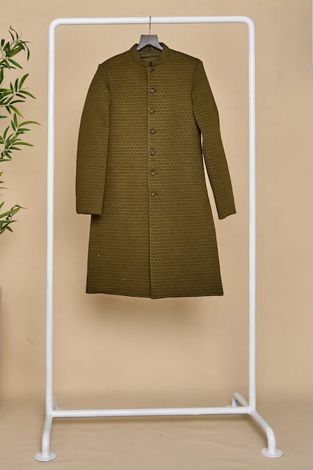 Shop_All Boy Couture_Green Silk Quilted Pattern Achkan Set _Online_at_Aza_Fashions