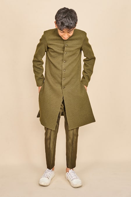 Shop All Boy Couture Green Silk Quilted Pattern Achkan Set at Aza Fashions Shop_All Boy Couture_Green Silk Quilted Pattern Achkan Set _at_Aza_Fashions