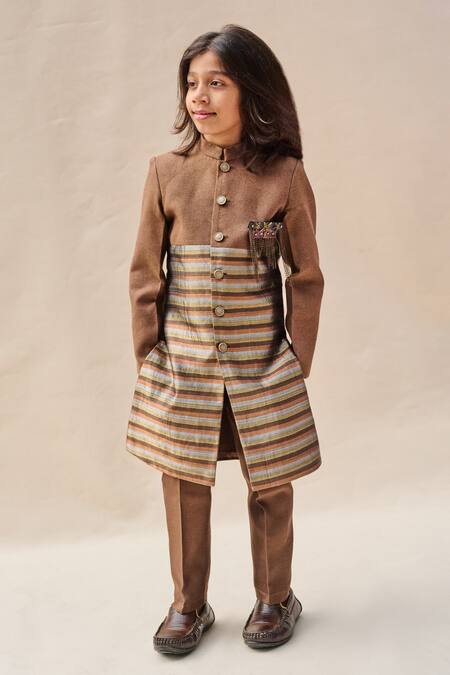 All Boy Couture_Brown Silk Brooches Stripe Woven Achkan Set _Online_at_Aza_Fashions