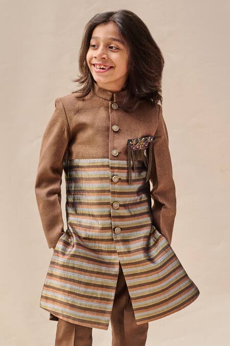 Buy All Boy Couture Brown Silk Brooches Stripe Woven Achkan Set Online at Aza Fashions Buy_All Boy Couture_Brown Silk Brooches Stripe Woven Achkan Set _Online_at_Aza_Fashions