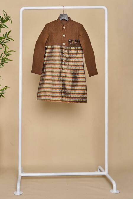 Shop_All Boy Couture_Brown Silk Brooches Stripe Woven Achkan Set _Online_at_Aza_Fashions