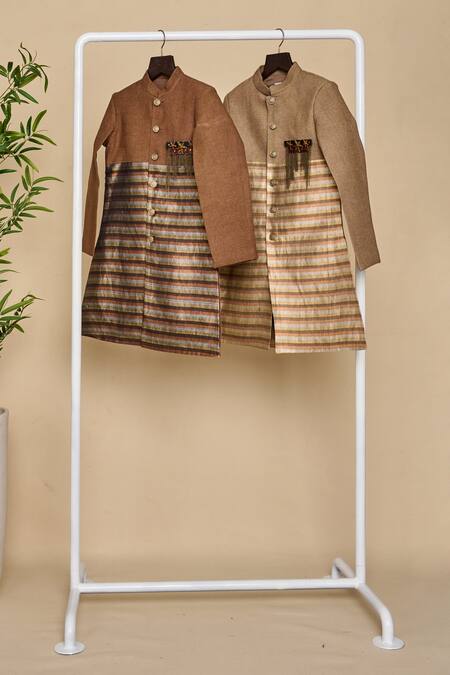 All Boy Couture_Brown Silk Brooches Stripe Woven Achkan Set _at_Aza_Fashions