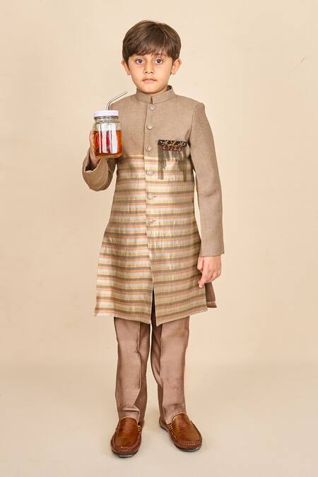 All Boy Couture_Brown Silk Zari Woven Achkan Set _Online_at_Aza_Fashions