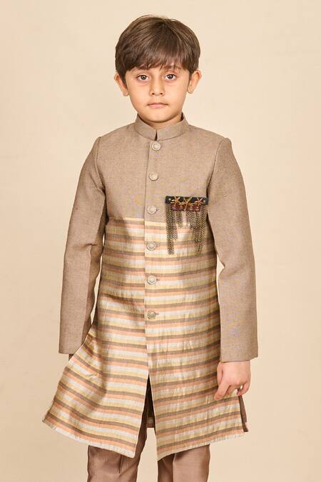 Buy_All Boy Couture_Brown Silk Zari Woven Achkan Set _Online_at_Aza_Fashions
