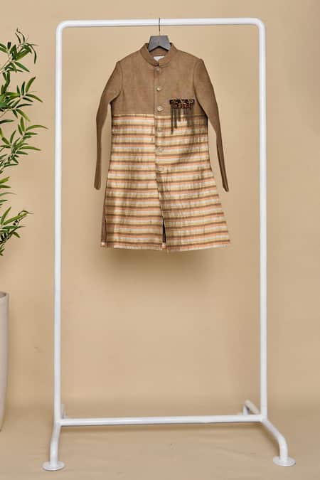 Shop_All Boy Couture_Brown Silk Zari Woven Achkan Set _Online_at_Aza_Fashions