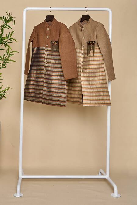 All Boy Couture_Brown Silk Zari Woven Achkan Set _at_Aza_Fashions
