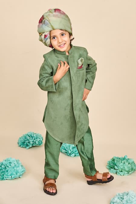 All Boy Couture Forest Green Silk Achkan Set 