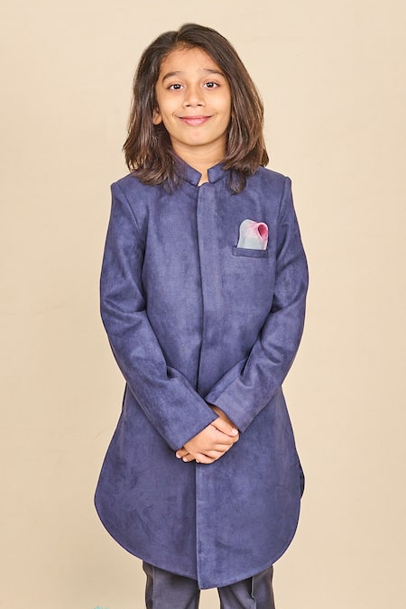 Buy_All Boy Couture_Blue Silk Navy Achkan Set _Online_at_Aza_Fashions