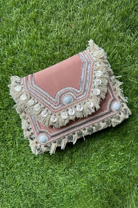 Stitched soles Pink Sequin Boho Love Fringe Tasselled Clutch 