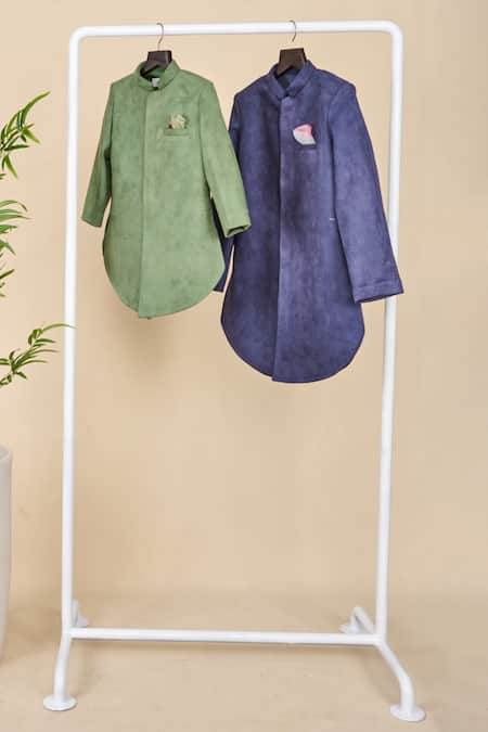 All Boy Couture_Blue Silk Navy Achkan Set _at_Aza_Fashions