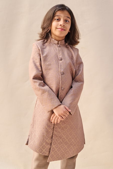 All Boy Couture_Grey Silk Mirrors Mukaish Work Achkan Set _Online_at_Aza_Fashions