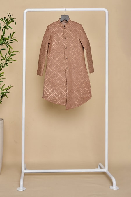 Buy_All Boy Couture_Grey Silk Mirrors Mukaish Work Achkan Set _Online_at_Aza_Fashions