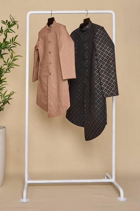 Shop_All Boy Couture_Grey Silk Mirrors Mukaish Work Achkan Set _Online_at_Aza_Fashions