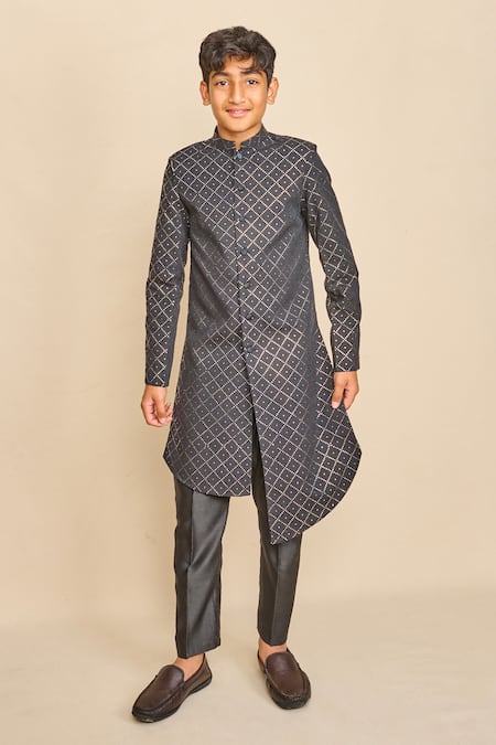 All Boy Couture Black Mukaish Embroidered Achkan Set 