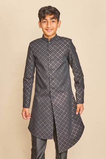 All Boy Couture_Black Silk Mirrors Mukaish Embroidered Achkan Set _Online_at_Aza_Fashions