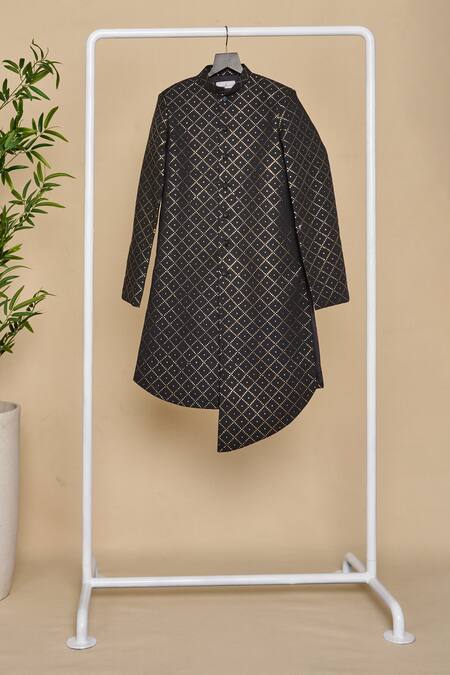Buy_All Boy Couture_Black Silk Mirrors Mukaish Embroidered Achkan Set _Online_at_Aza_Fashions