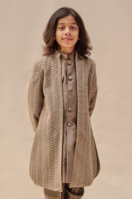 All Boy Couture_Grey Silk Embroidery Thread Achkan And Kurta Set_Online_at_Aza_Fashions